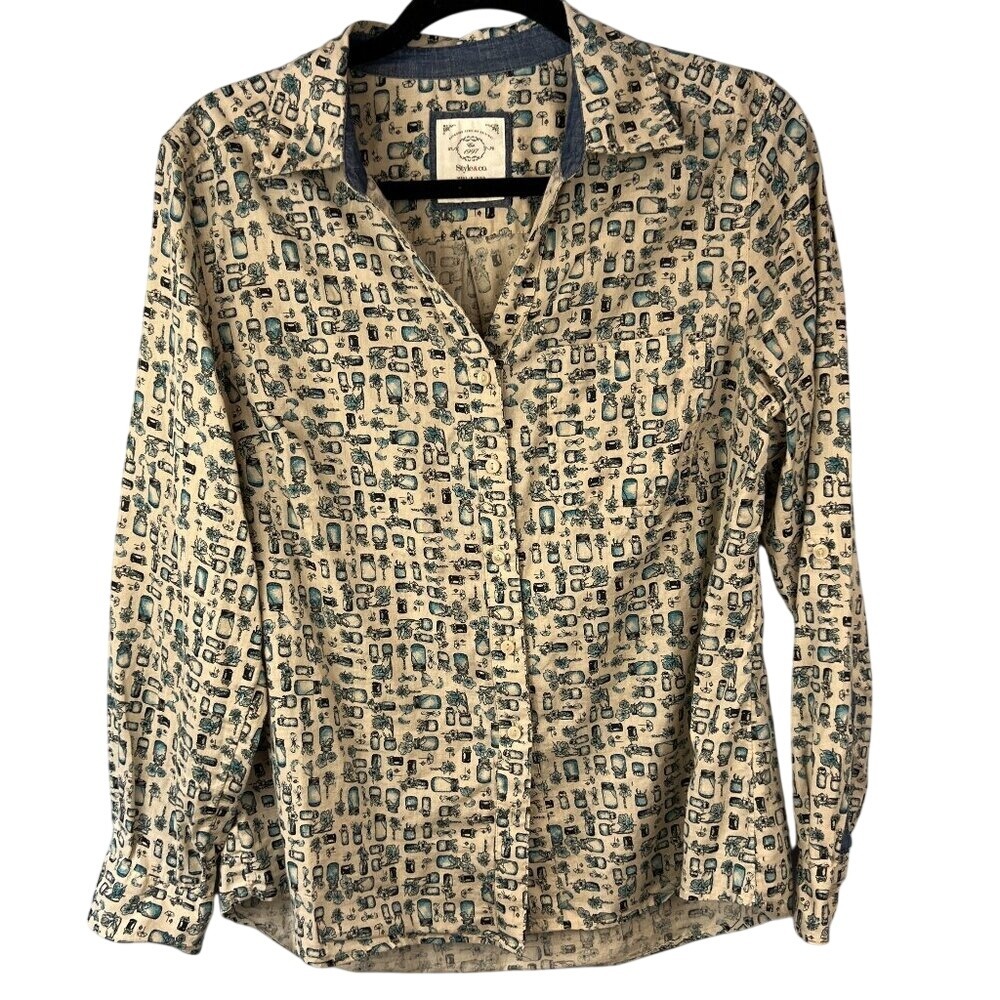 Style & Co Long Sleeve Button Down Shirt Size M Cottagecore Novelty Print Garden